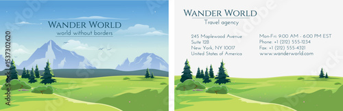 Vector gift travel voucher template. Mountain landscape, fields and meadows. Concept for summer vacation and travel agency. Banner, store coupon, certificate or flyer layout.