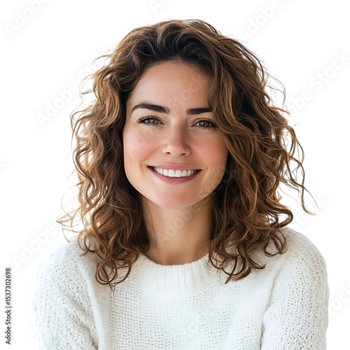 Smiling woman with curly brown hair isolated on transparent background