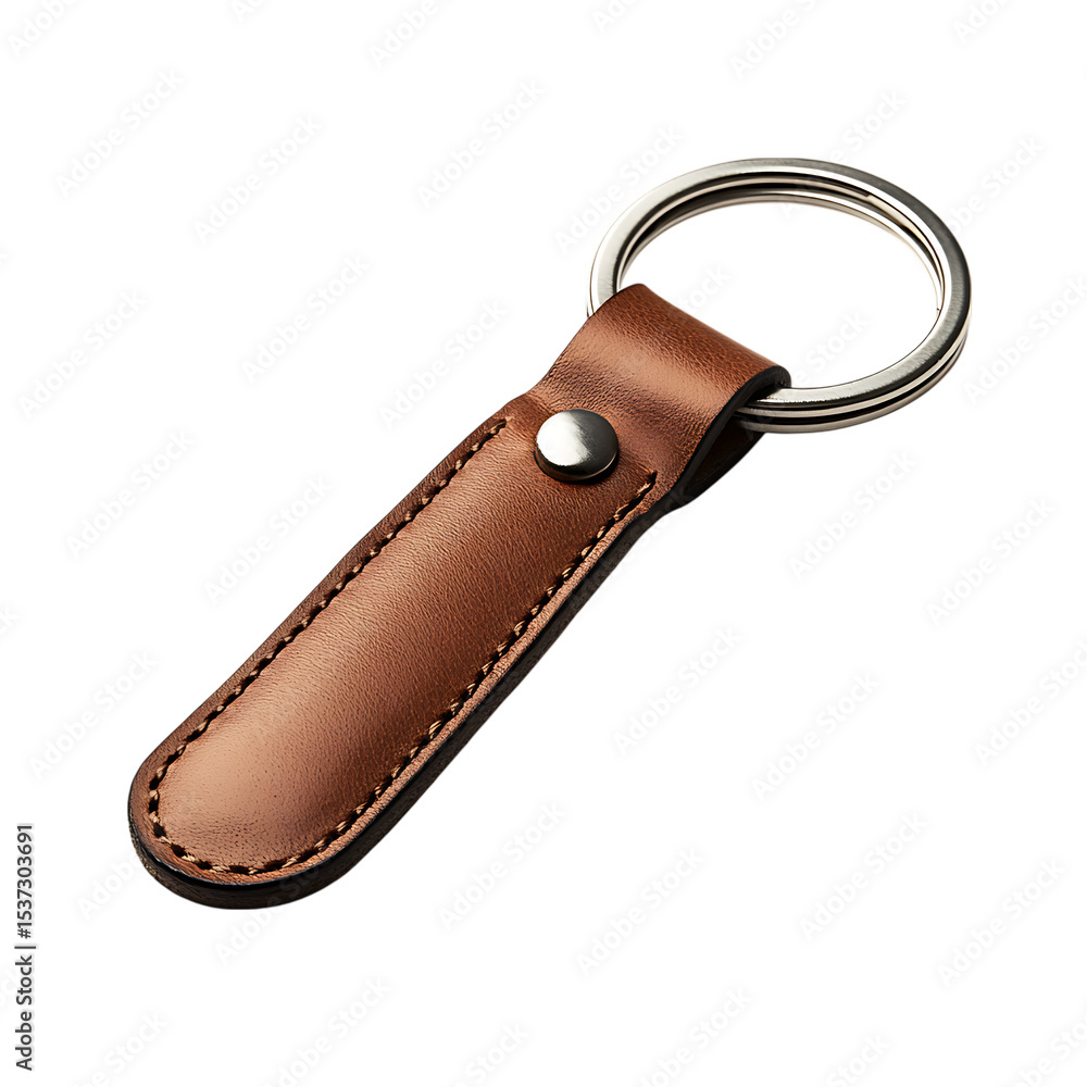 Brown leather keychain with metal ring isolated on transparent background Brown leather keychain with metal ring isolated on transparent background