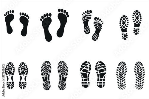 Diverse Shoe and Foot Prints on a White Background