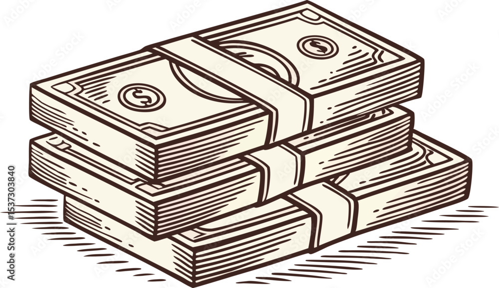 Stylized Stack of Money Bundles Illustration with Brown Outlines and Cream Color Fill Depicting Wealth and Financial Success Stylized Stack of Money Bundles Illustration with Brown Outlines and Cream Color Fill Depicting Wealth and Financial Success