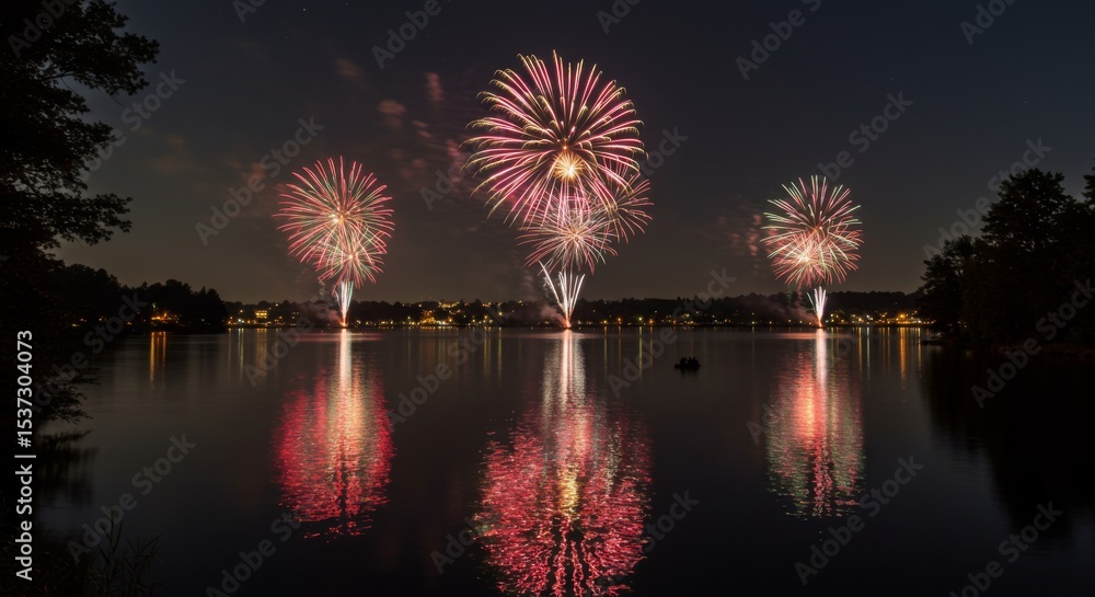 Obraz premium Vibrant Fireworks Display Over a Calm Lake at Night