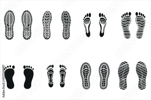 Diverse Shoe and Foot Prints on a White Background