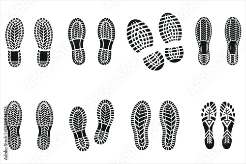 Diverse Shoe and Foot Prints on a White Background