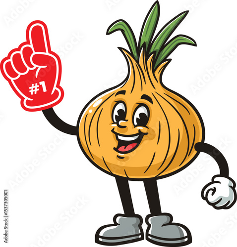 Cartoon onion character holding giant foam finger