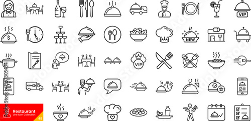 Restaurant Line Icons Set – Editable Food, Chef, Menu, Delivery Symbols