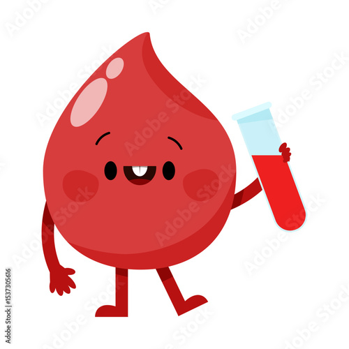 Funny character drop of blood with a test tube in his hand
