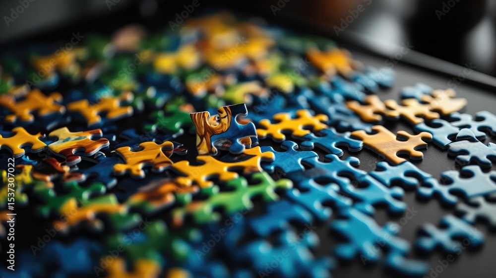 Fototapeta premium Vibrant, child-themed puzzle with animals, final animal piece fitting neatly into place