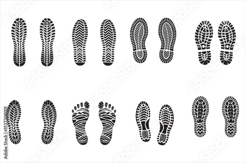 Diverse Shoe and Foot Prints on a White Background
