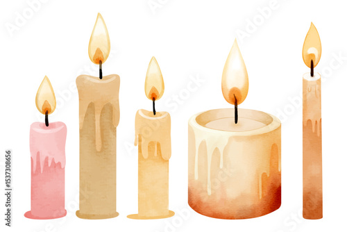 Burning candles watercolor set. Hand drawn illustration for calm and autumnal scenes
