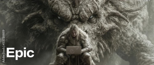 Fantasy warrior sits at laptop under giant dragon creature’s gaze, epic framing with dark moody tones and surreal mythological contrast between technology and nature