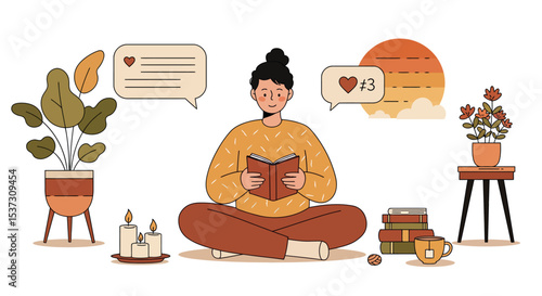 Cozy reading moment at home with warm decor and relaxing atmosphere vector illustration