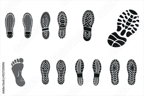 Diverse Shoe and Foot Prints on a White Background