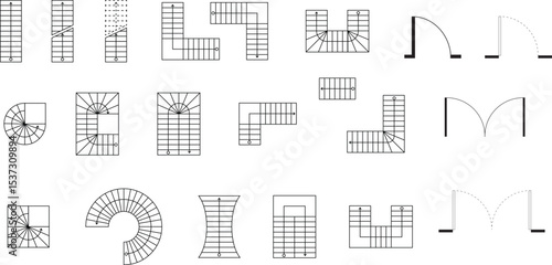 Type of stairs and type of doors, architectural elements for the floor plan, blueprint, customizable stroke, vector, illustration