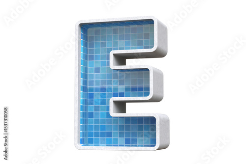 Creative swimming pool alphabet 3D capital E with mosaic tiles and concrete border. High quality 3D rendering.