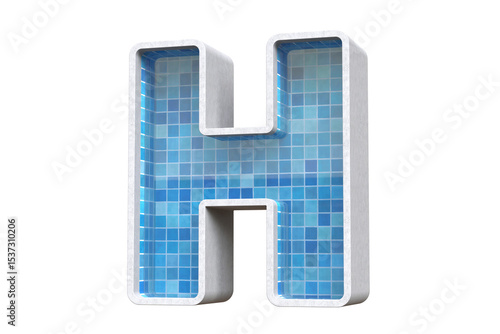 3D letter H with a blue mosaic pool design suitable for summer holiday and water sports concepts. High quality 3D rendering.