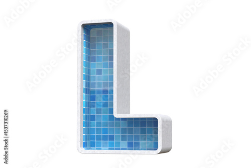 3D pool letter L with a blue ceramic tile texture suitable for architectural and decorative concepts.