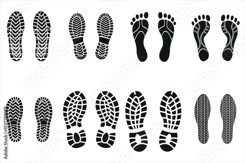 Diverse Shoe and Foot Prints on a White Background