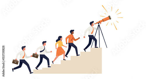 Ambitious team climbing steps towards visionary success in business strategy concept vector illustration