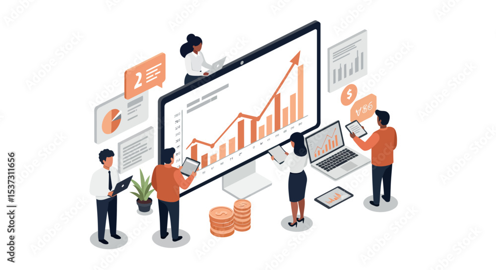 Business analytics team analyzing growth data on digital devices for financial strategy vector illustration Business analytics team analyzing growth data on digital devices for financial strategy vector illustration
