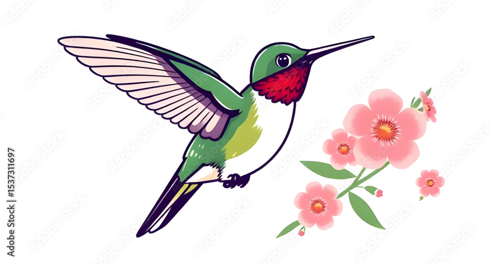 Fototapeta premium Hummingbird icon, Hummingbird vector, Small bird icon, Flying bird, Colorful hummingbird, Bird near flower, Nectar bird, Hovering bird, Hummingbird silhouette, Hummingbird outline, Tiny bird illustrat