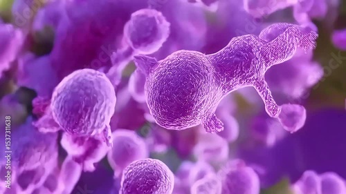 A digital rendering of purple cells floats, the closest two are in focus