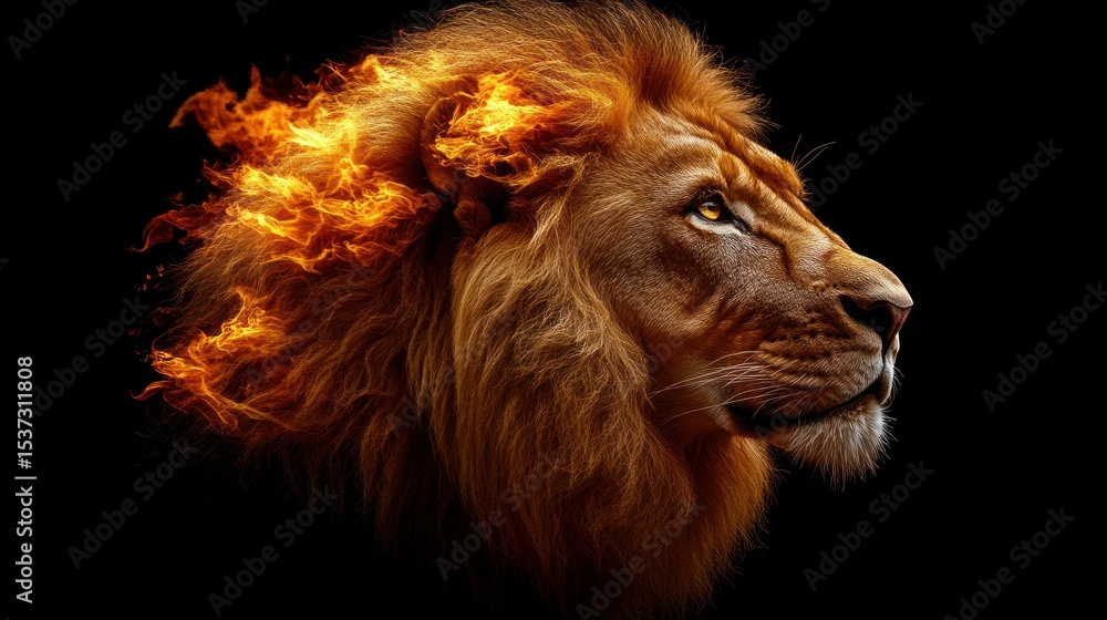 Fototapeta premium Fiery lion profile on black