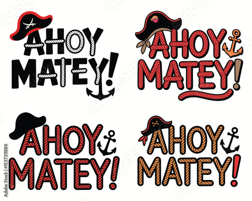 Four colorful pirate themed "ahoy matey" text designs with jolly roger pirate hats and anchors