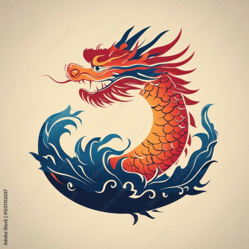 Colorful dragon design rising from ocean waves in a dynamic art style Colorful dragon design rising from ocean waves in a dynamic art style