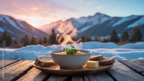 Serving hot soup with bread and butter on a snowy day