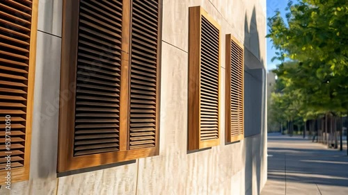 Building facade with wooden shutters architecture and urban street view