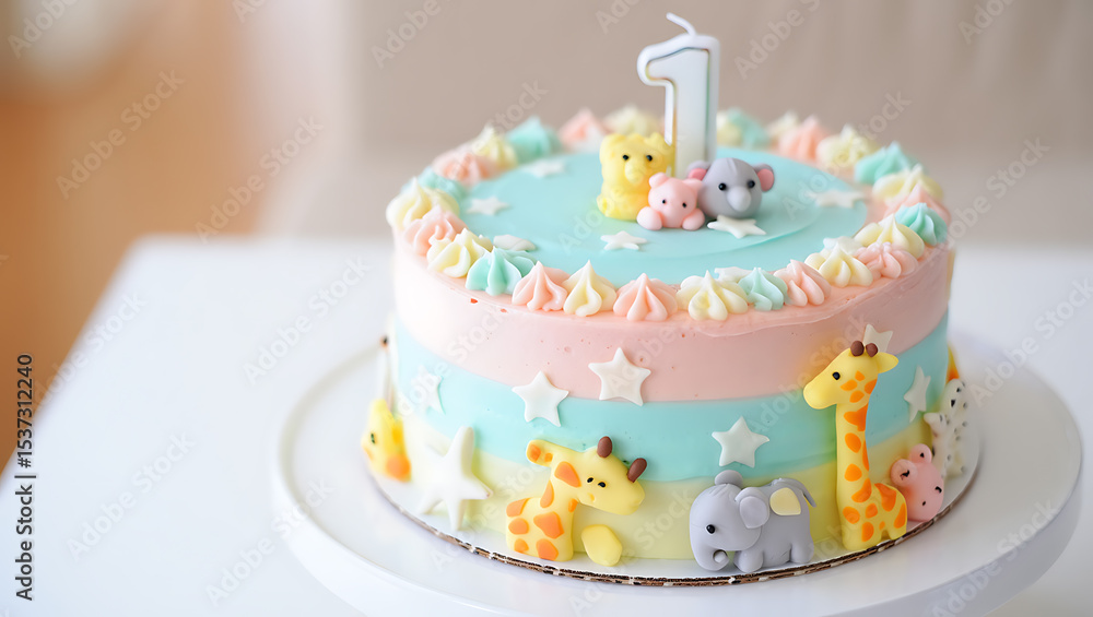Pastel first birthday cake with adorable animal decorations Pastel first birthday cake with adorable animal decorations