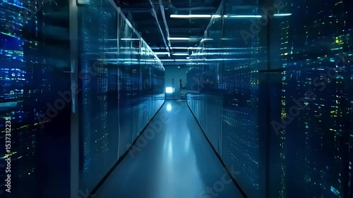 A dim hallway in a commercial server room. Racks of networked computers glow with streams of data, filling the space with a cool blue light
