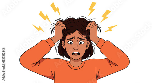 Frustrated woman pulling hair with stressful expression and lightning bolts overhead vector illustration
