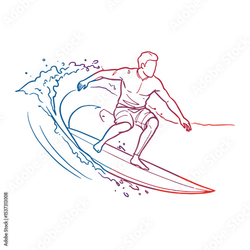 Surfer riding wave in dynamic motion with linear contour icons on transparent background