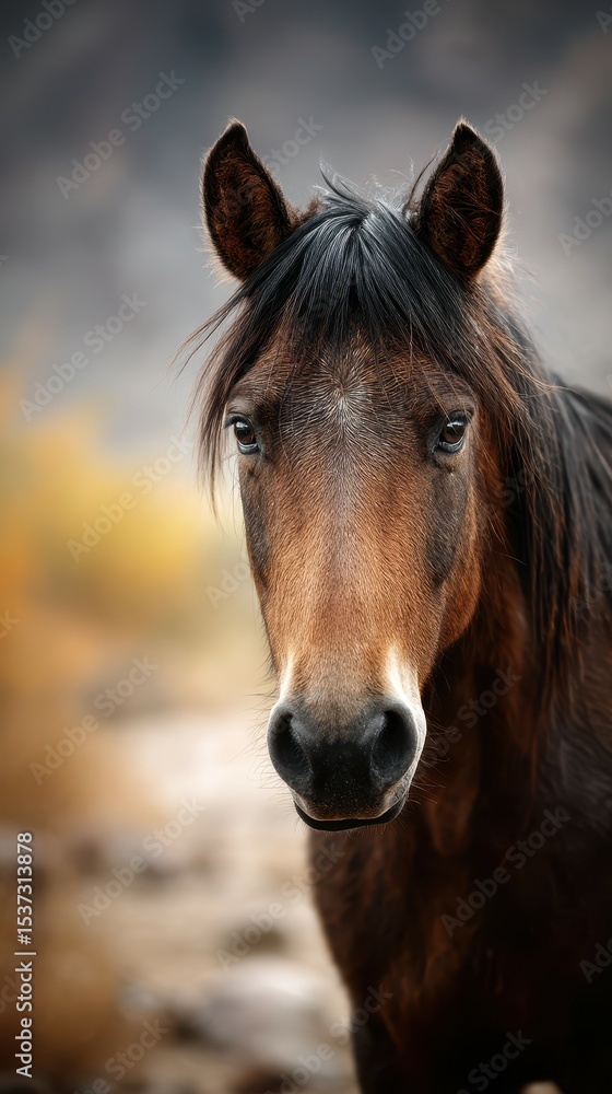 Fototapeta premium Close-up view of a brown horse with a shiny coat and expressive eyes in a natural outdoor setting during daylight