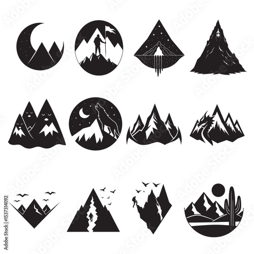 mountain icons set silhouette