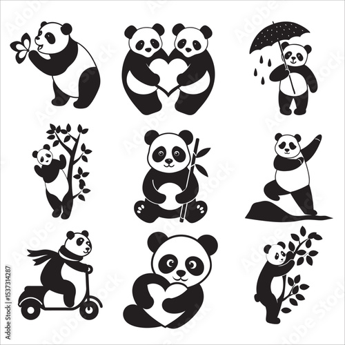 set of panda silhouette