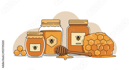 Honey jars and honeycomb with dipper for natural sweetener concept design vector illustration