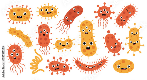 Cute cartoon bacteria and germ characters on white background for educational and fun designs vector illustration