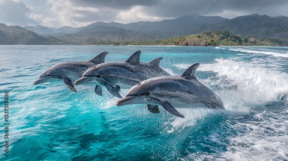 Fototapeta premium Three dolphins leaping from the ocean waves with lush coastal scenery in the background under a cloudy sky, creating an aquatic spectacle.
