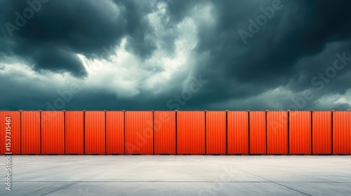 Row of identical shipping containers under dramatic cloudy sky, global logistics theme