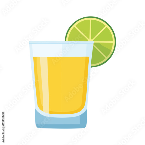 A vibrant shot of tequila with a lime wedge