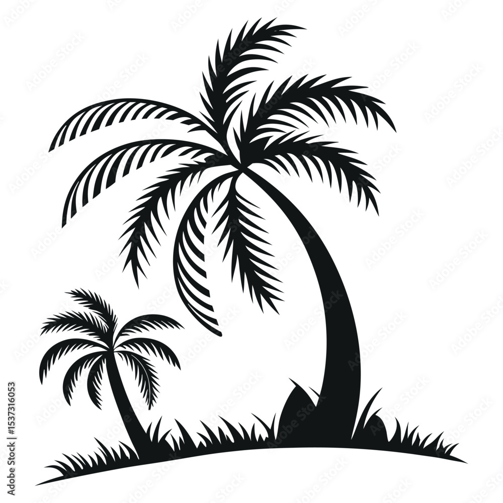 Fototapeta premium A tropical beach at sunset features a striking palm tree silhouette against the summer sky, embodying a perfect island vacation