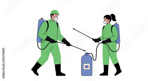 Pest control team in protective gear using sprayers for disinfection vector illustration