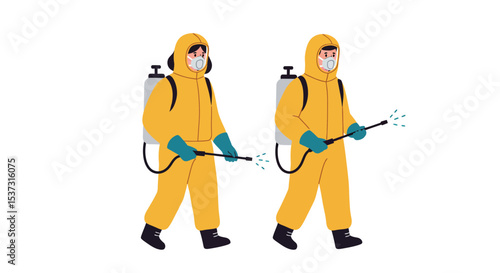 Disinfection process with workers in protective suits for health and safety measures vector illustration