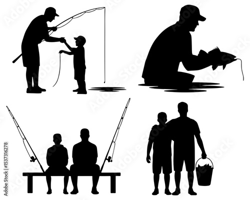 Silhouette depictions of father and son fishing
