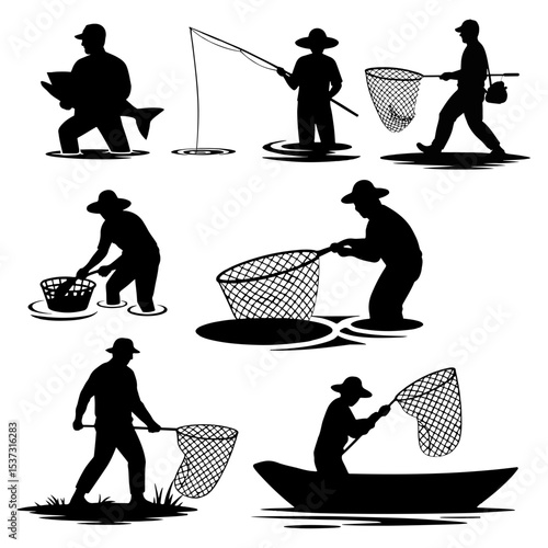 Silhouette figures fishing with nets and fishingrod