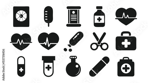 Black medical and healthcare icons representing emergency tools and health related symbols.