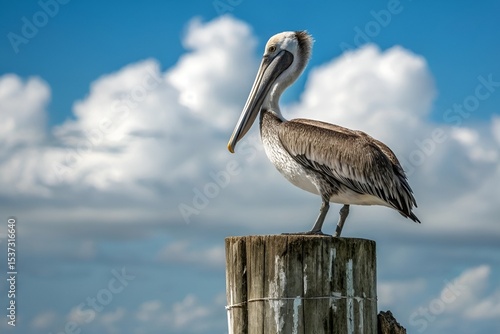Brown Pelican on Weathered Wooden Post – Rustic Wildlife Photo with Blue Sky Background